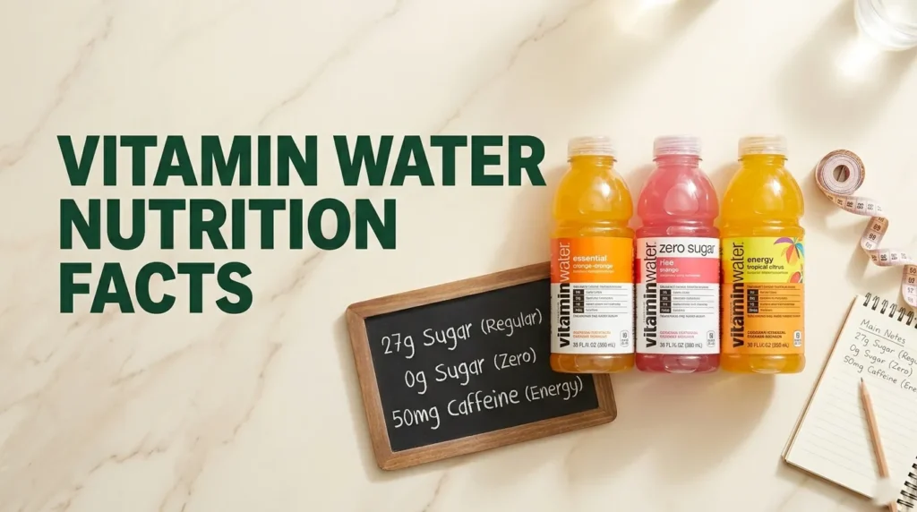 Vitamin water nutrition facts comparison of regular Zero and Energy lines showing sugar and calorie differences