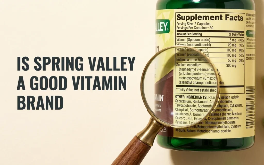 A Spring Valley vitamin bottle and capsules on a cream surface, with a magnifying glass highlighting the label, and the text is spring valley a good vitamin brand overlaid.