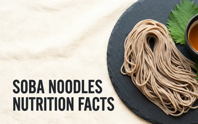 A flat-lay of 100% buckwheat soba noodles on a slate plate next to dipping sauce, with the text soba noodles nutrition facts overlaid on a cream background.