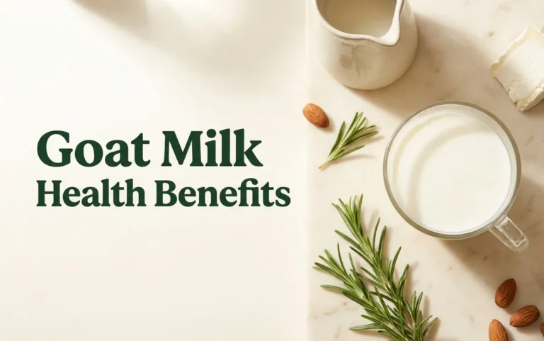 A glass of fresh goat milk on a marble countertop with herbs, goat cheese, and almonds, with the headline Goat Milk Health Benefits displayed as a hero banner.