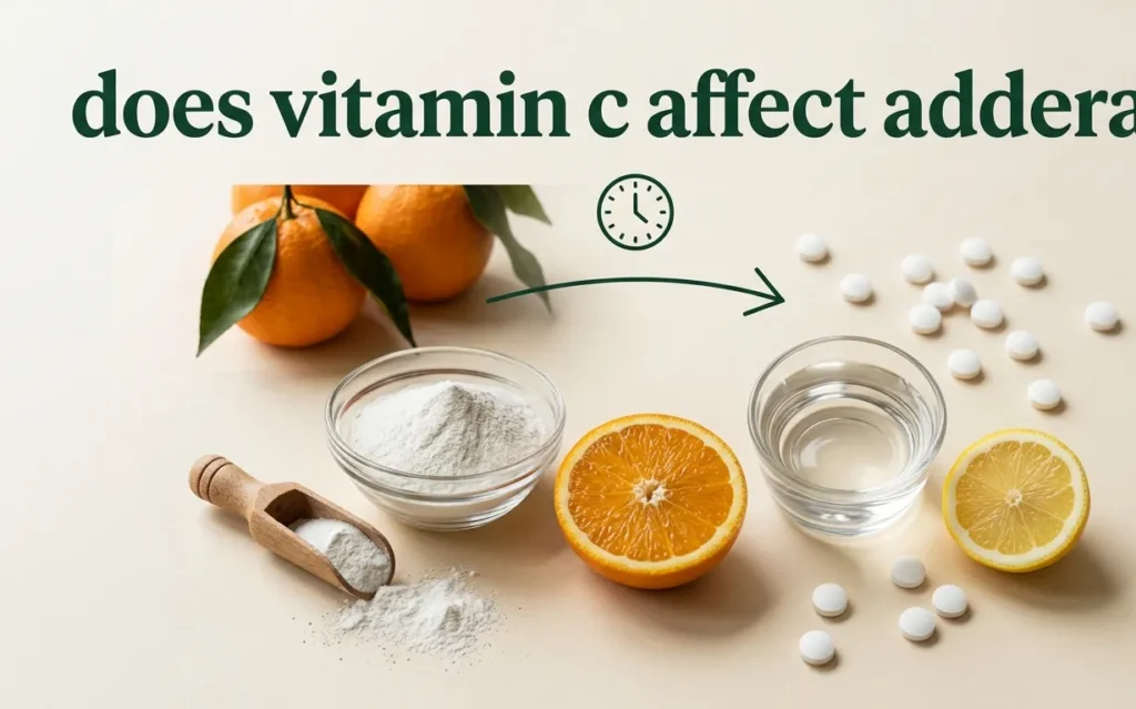 A glass of water, an orange, lemon slices, and vitamin C supplement tablets arranged on a cream-colored background,