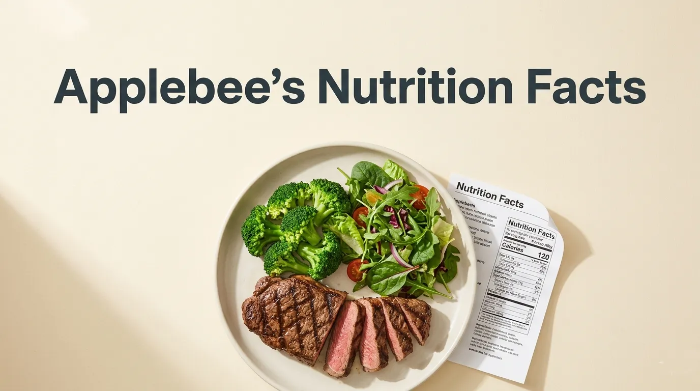 Applebee's Nutrition Facts hero banner with grilled sirloin steak and steamed broccoli on a plate beside a nutrition facts sheet.