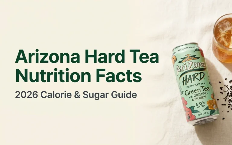 Arizona Hard Tea Nutrition Facts 2026 Calorie and Sugar Guide with a can of hard iced tea and loose black tea leaves on a warm editorial background.