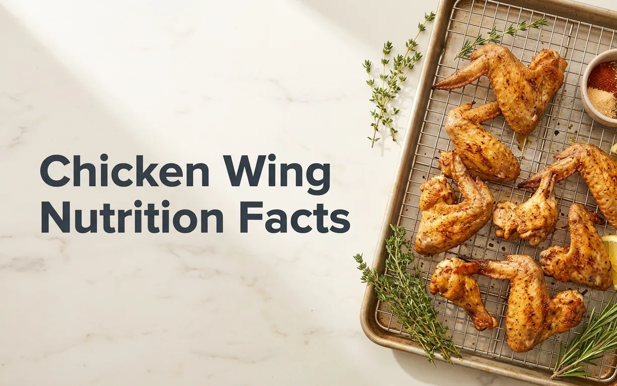 Baked chicken wings on a wire rack with fresh herbs and lemon on a marble countertop, with the headline Chicken Wing Nutrition Facts displayed as a hero banner.