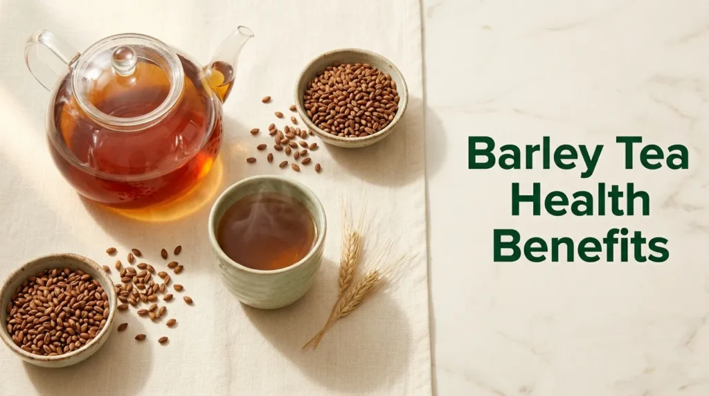 Barley tea health benefits article hero image showing glass teapot of amber roasted barley tea, loose roasted barley grains, and ceramic cup on cream linen surface.