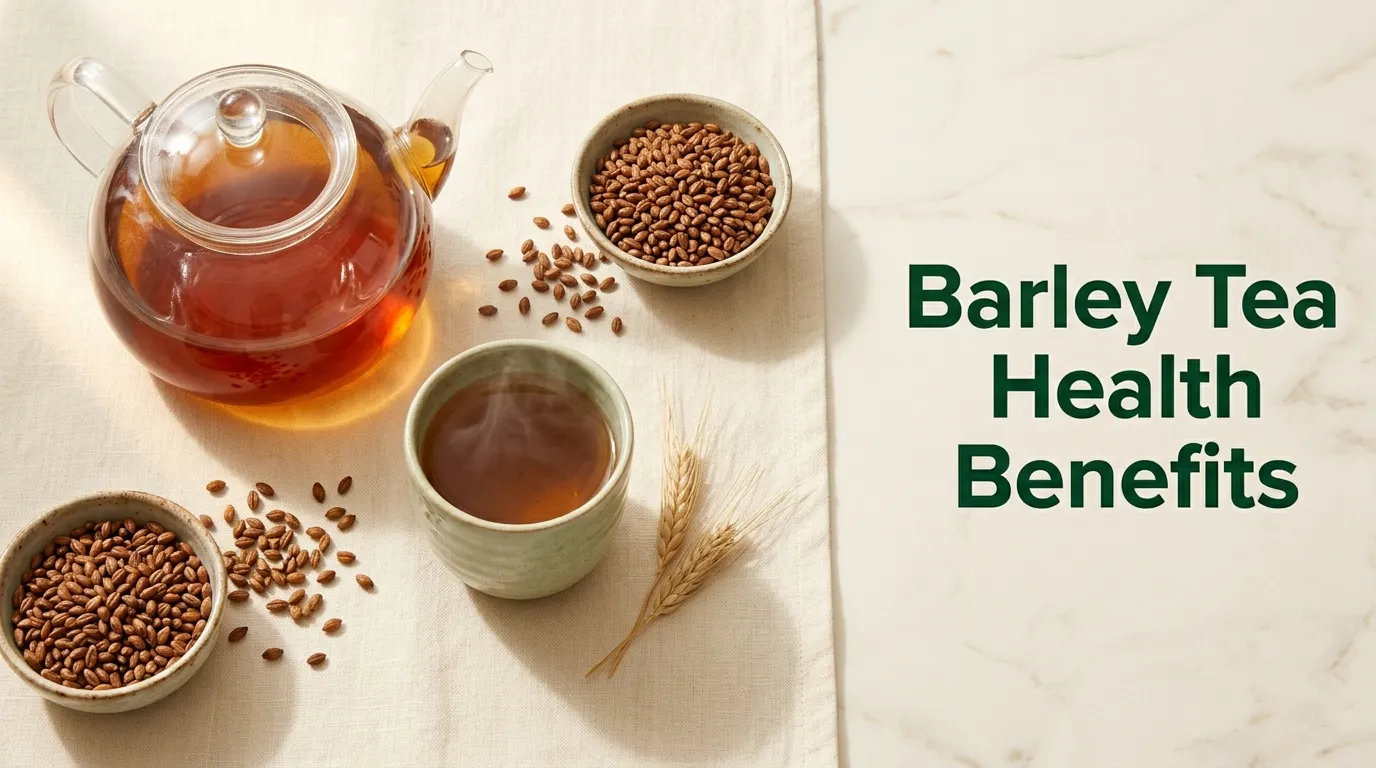 Barley tea health benefits article hero image showing glass teapot of amber roasted barley tea, loose roasted barley grains, and ceramic cup on cream linen surface.