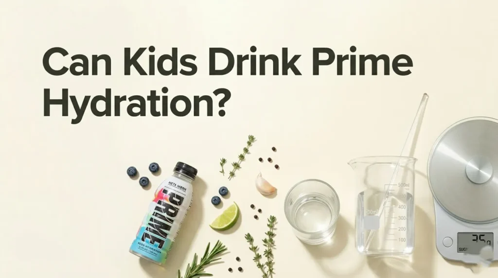 Bottle of Prime Hydration next to a glass of plain water on a light surface with article title Can Kids Drink Prime Hydration displayed prominently.