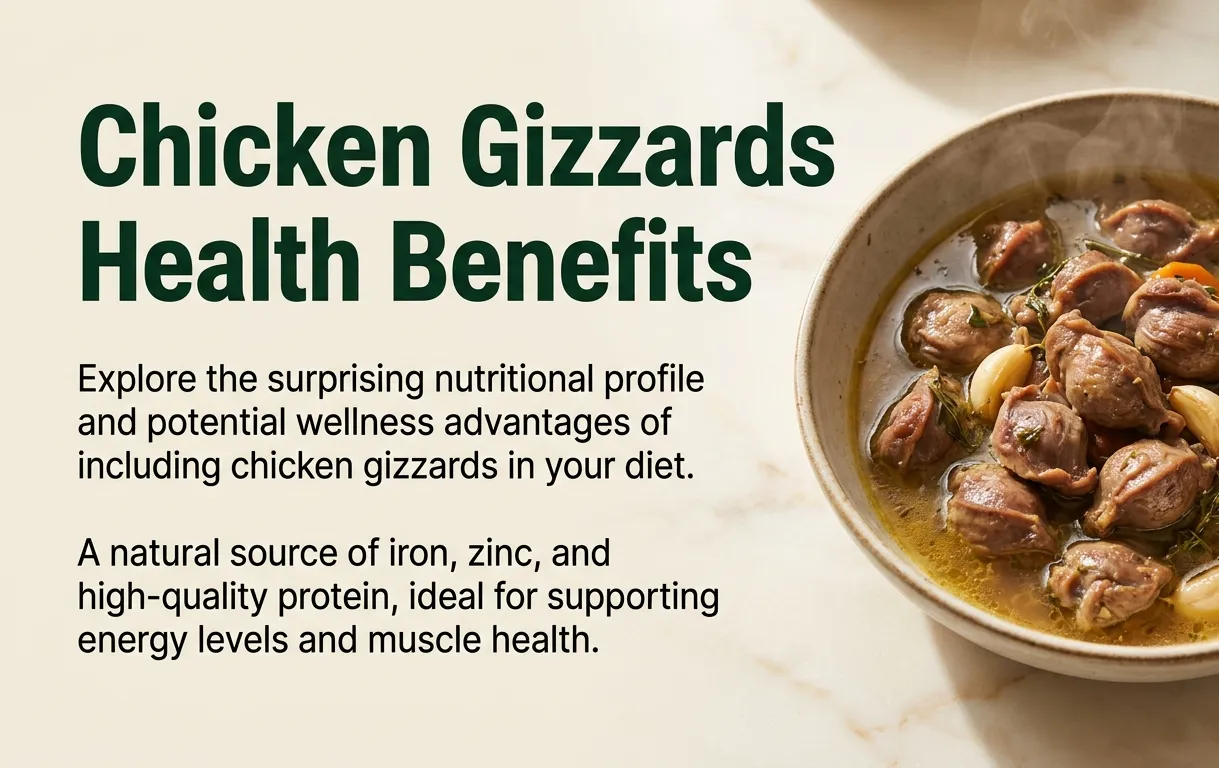 Braised chicken gizzards in a ceramic bowl with herbs and vegetables on a cream countertop, with the headline Chicken Gizzards Health Benefits displayed as a hero banner title.