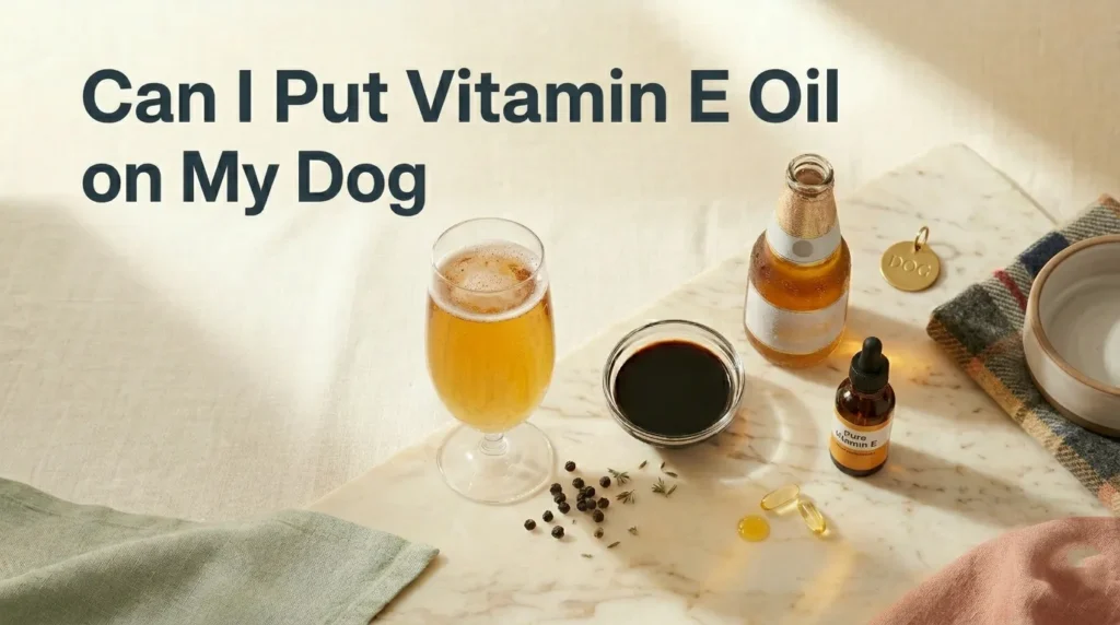 Can I put vitamin E oil on my dog hero image showing vitamin E oil bottle and punctured softgel on cream marble with slate charcoal title text overlay.