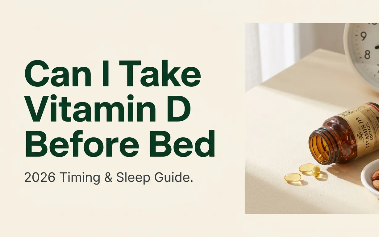 Can I take vitamin D before bed 2026 timing and sleep guide with vitamin D3 supplements and almonds on editorial cream background.