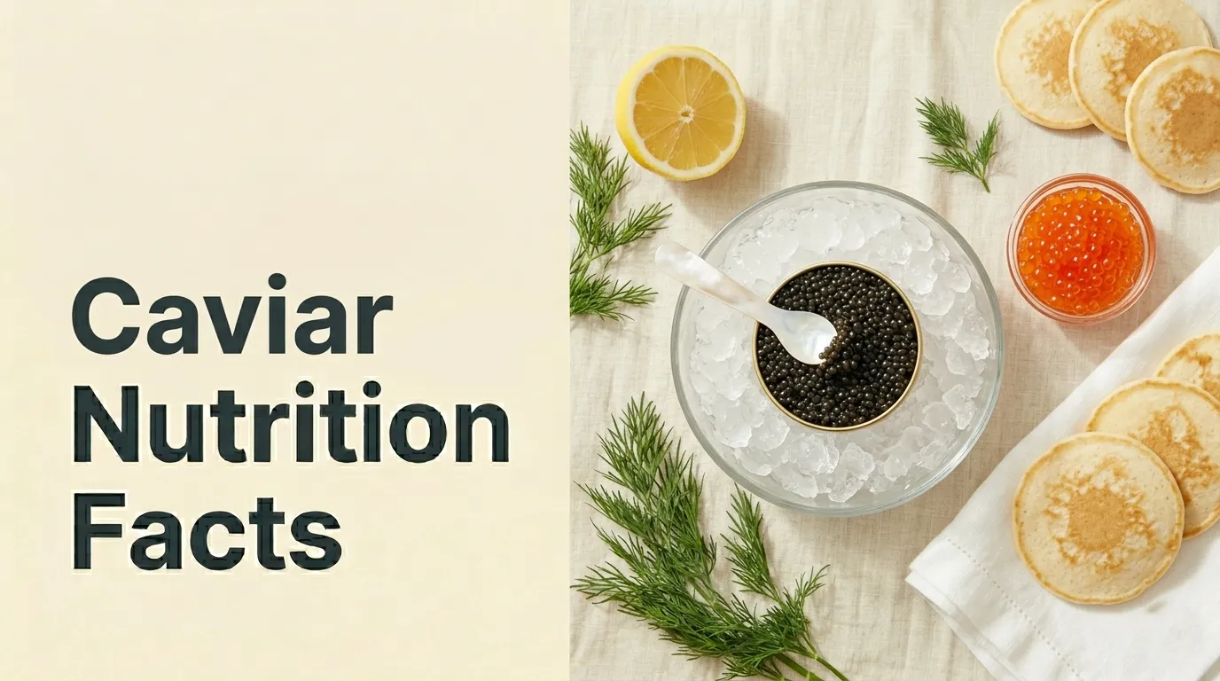 Caviar nutrition facts shown with black sturgeon caviar in a tin on ice, salmon roe in a glass bowl, a mother-of-pearl spoon, lemon, dill, and blini on a cream background