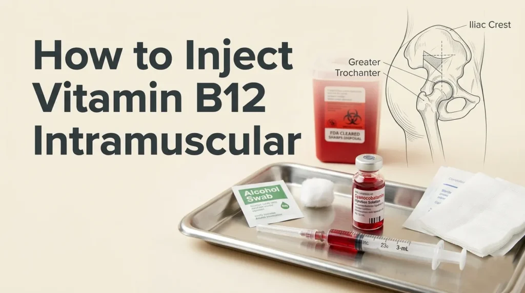 Clinical flat-lay of vitamin B12 injection supplies with anatomical ventrogluteal injection site diagram and bold instructional title text.