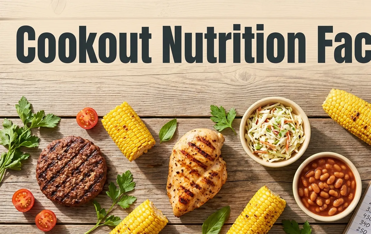 Cookout nutrition facts hero banner showing grilled burger chicken and classic sides on picnic table with calorie notations.
