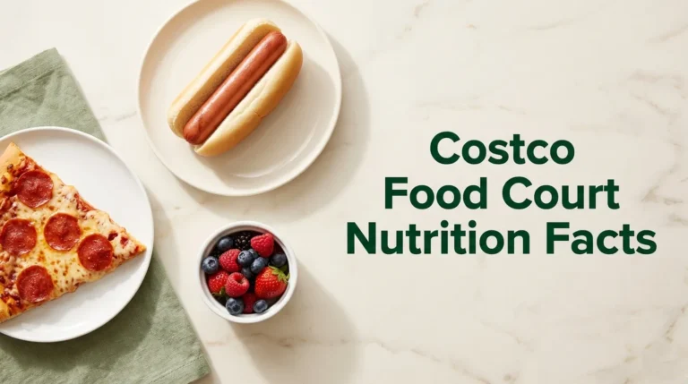 Costco food court nutrition facts displayed with hot dog, pepperoni pizza slice, and mixed berries on a neutral background illustrating complete menu nutrition guide.