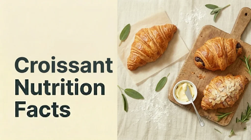 Croissant nutrition facts shown with a butter croissant, chocolate croissant, and almond croissant on parchment paper and a wooden board.