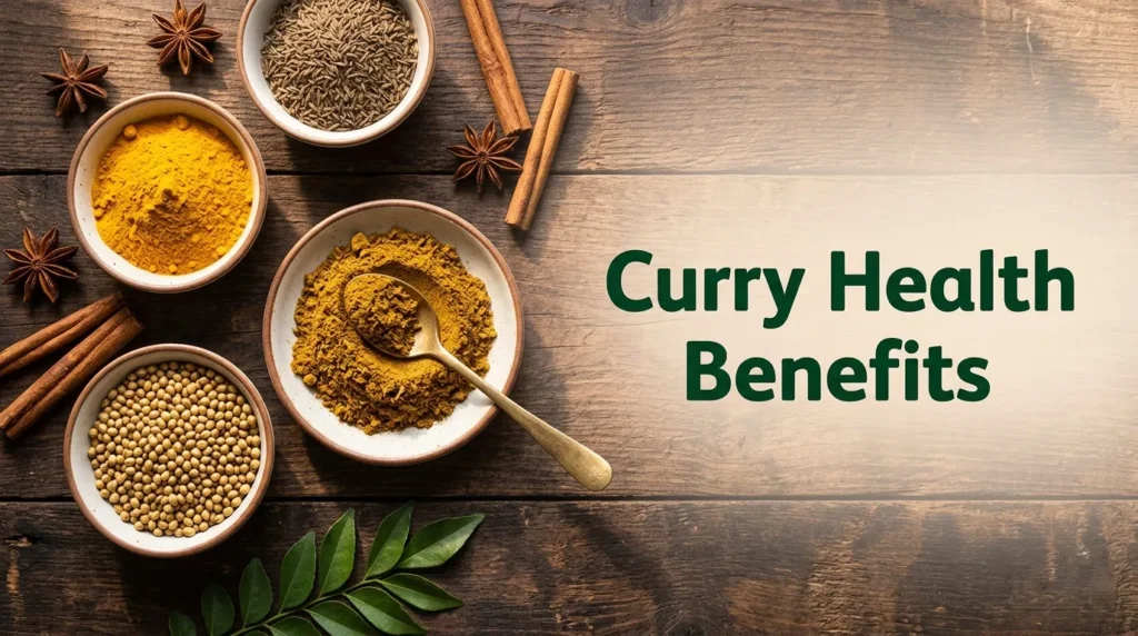 Curry health benefits article hero image showing bowls of turmeric, cumin, coriander, and blended curry powder on dark wooden surface with curry leaves accent.