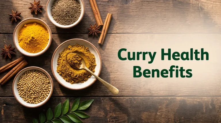 Curry health benefits article hero image showing bowls of turmeric, cumin, coriander, and blended curry powder on dark wooden surface with curry leaves accent.