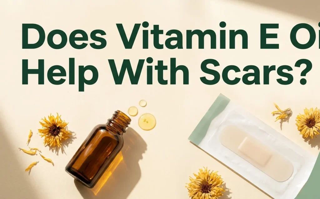 Does vitamin E oil help with scars article hero banner showing vitamin E oil dropper bottle and silicone scar sheet on cream background.