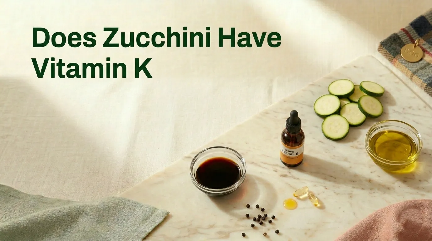 Does zucchini have vitamin K hero image showing sliced zucchini on cream marble with forest green title text overlay.