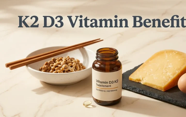 Editorial photo of D3 K2 supplements next to natural K2 food sources natto, gouda cheese, and an egg, with K2 D3 Vitamin Benefits text displayed.