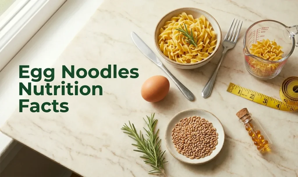Egg noodles nutrition facts with portion measuring tools and ingredientsb