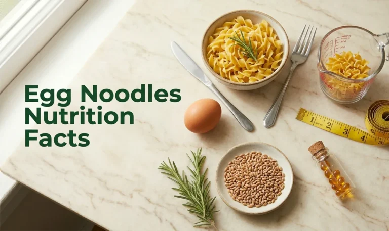 Egg noodles nutrition facts with portion measuring tools and ingredientsb