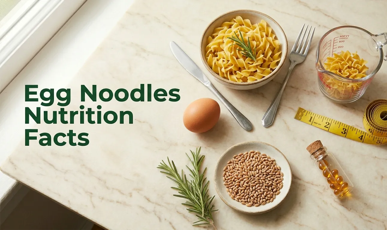 Egg noodles nutrition facts with portion measuring tools and ingredientsb