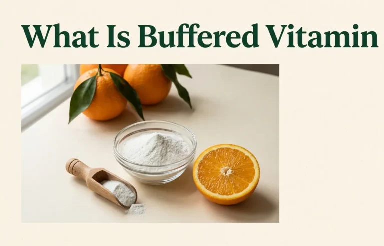 Flat lay image showing a glass bowl of buffered vitamin C powder with oranges, illustrating what is buffered vitamin c.