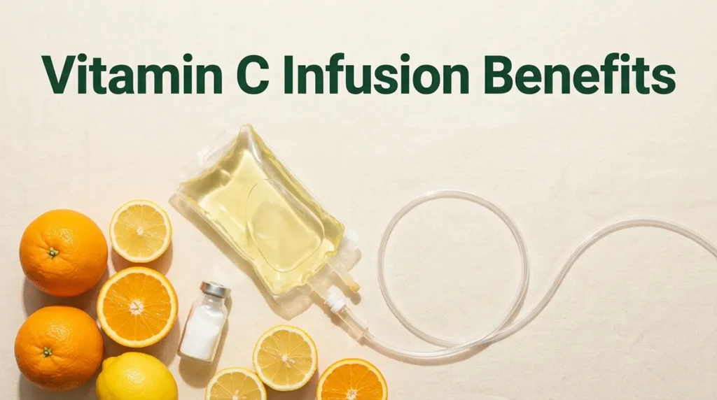 Flat-lay medical editorial image with IV vitamin C infusion bag, fresh citrus fruit, and Vitamin C Infusion Benefits headline text on cream background.