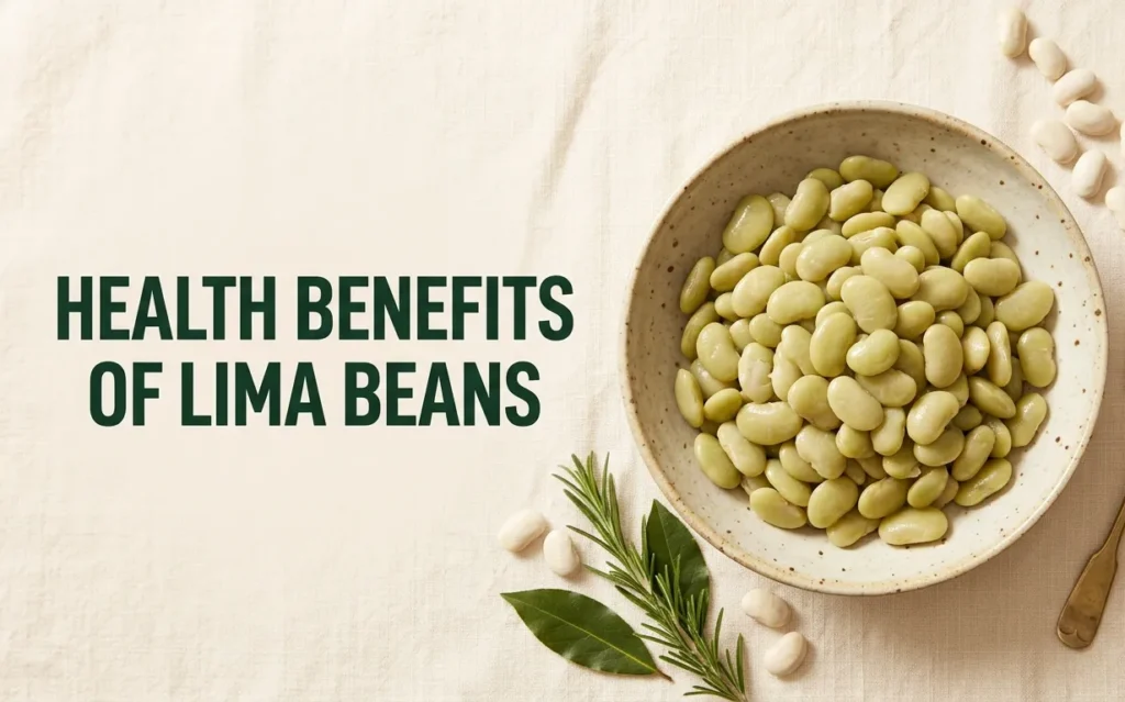 Flat-lay of a bowl of cooked lima beans with dried beans and rosemary on a cream surface, with health benefits of lima beans text overlaid.