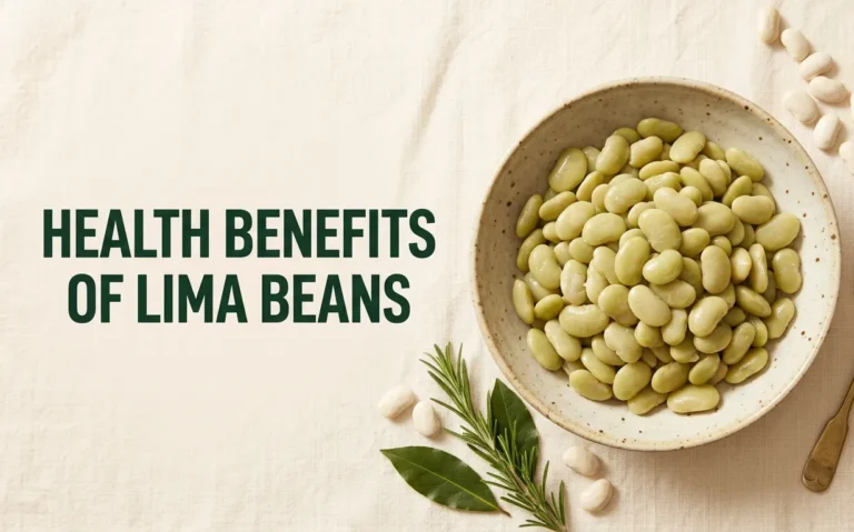 Flat-lay of a bowl of cooked lima beans with dried beans and rosemary on a cream surface, with health benefits of lima beans text overlaid.