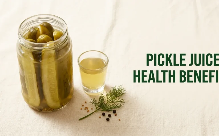Flat-lay of a jar of fermented dill pickles and a shot of cloudy brine with pickle juice health benefits text overlaid on a cream background.