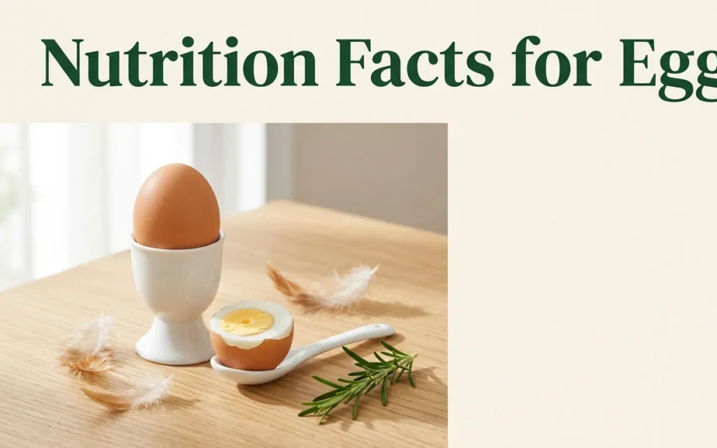 Flat lay of a whole egg in an egg cup and a halved boiled egg on a wood surface with nutrition facts for eggs title overlay.