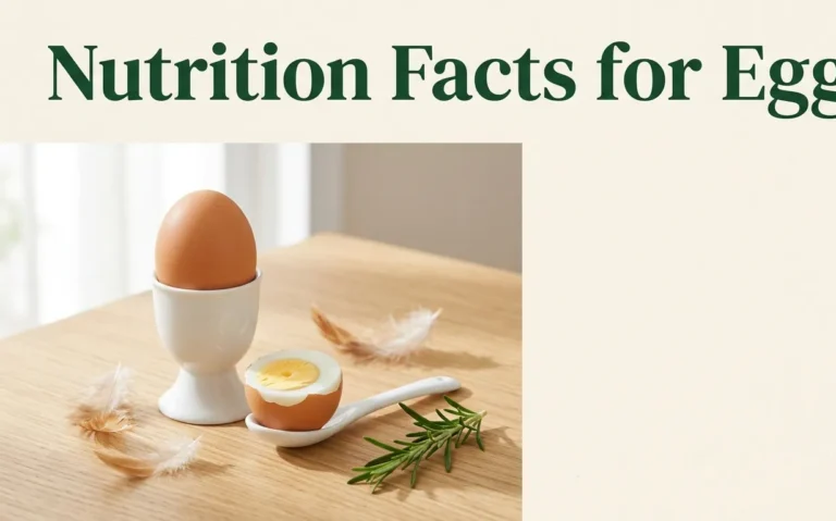 Flat lay of a whole egg in an egg cup and a halved boiled egg on a wood surface with nutrition facts for eggs title overlay.