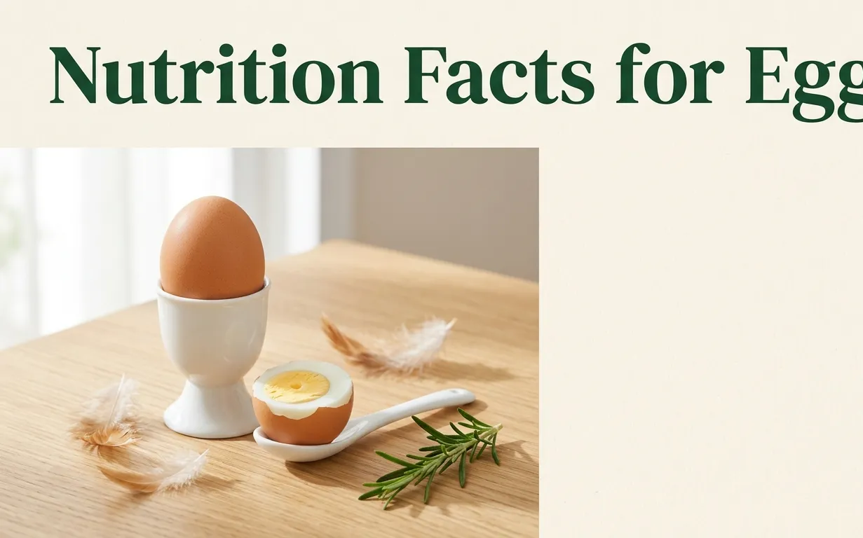 Flat lay of a whole egg in an egg cup and a halved boiled egg on a wood surface with nutrition facts for eggs title overlay.