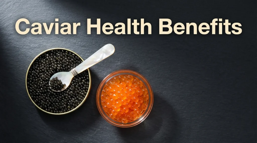 Flat-lay of black caviar and red salmon roe with a mother-of-pearl spoon and Caviar Health Benefits headline text.