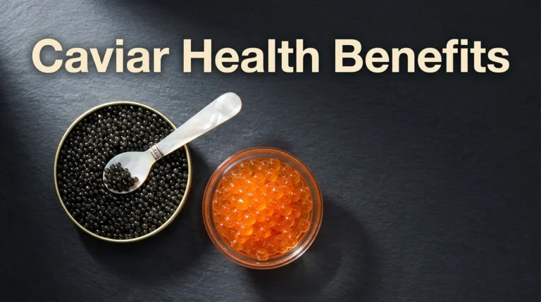 Flat-lay of black caviar and red salmon roe with a mother-of-pearl spoon and Caviar Health Benefits headline text.