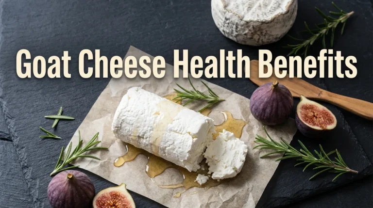 Flat-lay of fresh and aged goat cheese on a slate board with Goat Cheese Health Benefits headline text.
