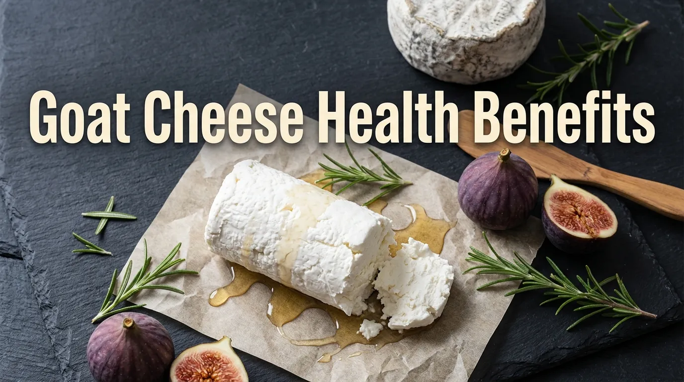 Flat-lay of fresh and aged goat cheese on a slate board with Goat Cheese Health Benefits headline text.