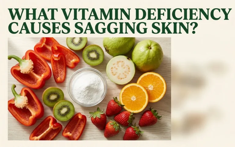 Flat lay of vitamin C rich foods including red bell pepper, kiwi, guava, and citrus with title overlay about vitamin deficiency causing sagging skin.