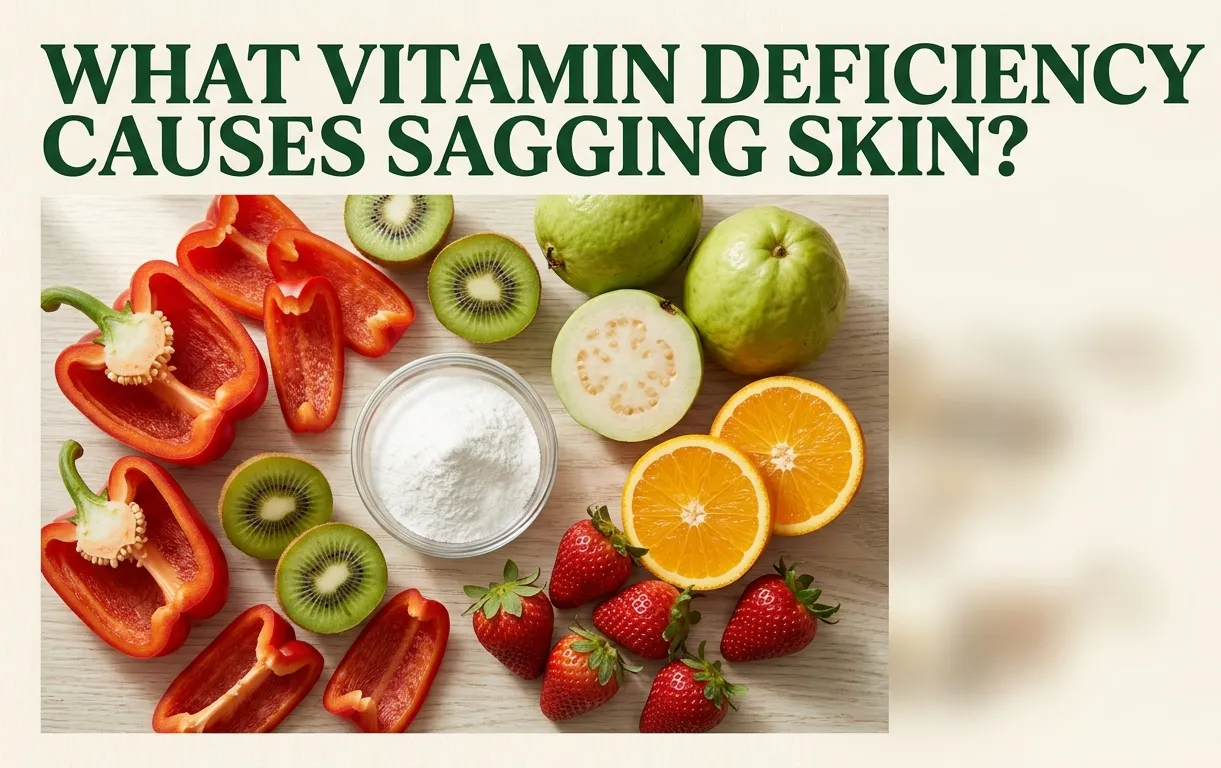 Flat lay of vitamin C rich foods including red bell pepper, kiwi, guava, and citrus with title overlay about vitamin deficiency causing sagging skin.