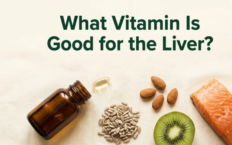 Flat-lay of vitamin E supplement, sunflower seeds, almonds, kiwifruit, and salmon, asking what vitamin is good for the liver.