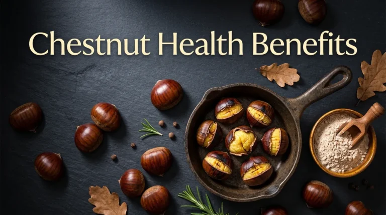 Flat-lay of whole and roasted sweet chestnuts with chestnut flour and Chestnut Health Benefits headline text.