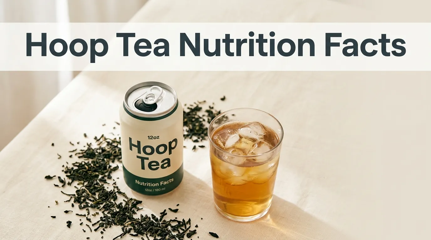 Flat-lay photo of a Hoop Tea can, iced tea glass, and loose black tea leaves on a cream surface with Hoop Tea Nutrition Facts headline text.