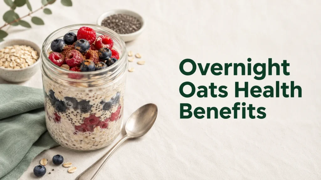 Flat-lay photo of a glass jar of overnight oats with blueberries and raspberries, with headline text Overnight Oats Health Benefits in green.
