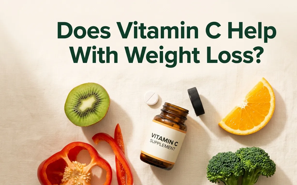 Flat-lay photo of vitamin C tablets with kiwifruit, bell pepper, orange, and broccoli, asking does vitamin C help with weight loss.