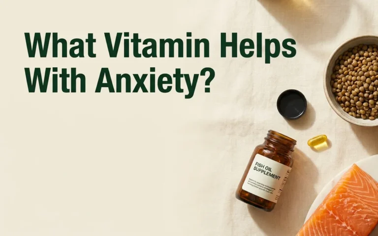 Flat-lay photo showing salmon, kiwifruit, and a vitamin D supplement, exploring what vitamin helps with anxiety.
