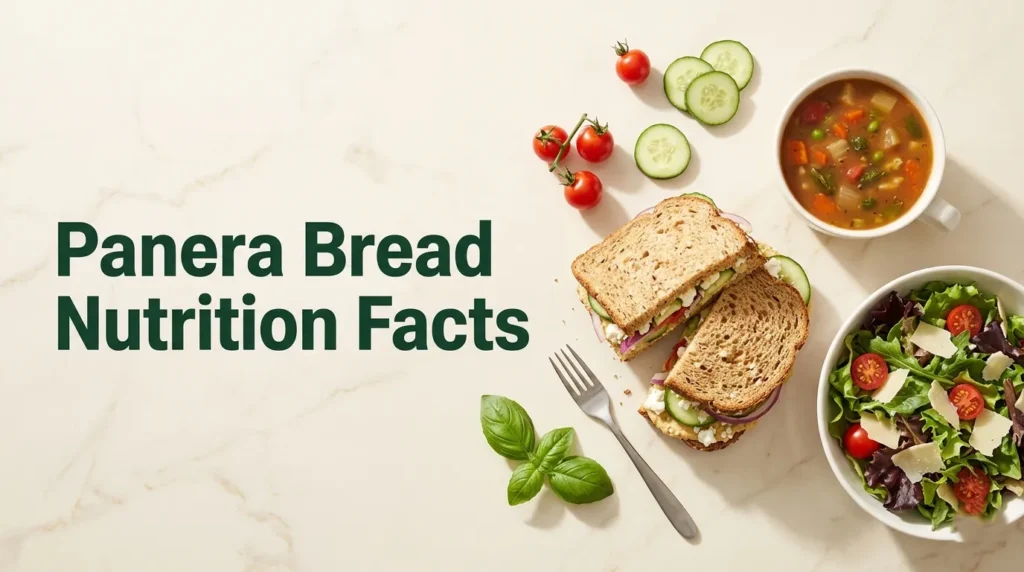 Flat-lay photograph of Panera Bread Mediterranean veggie sandwich, vegetable soup, and seasonal salad with Panera Bread Nutrition Facts title text overlaid in green.