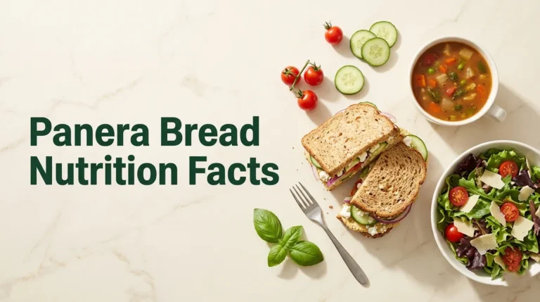 Flat-lay photograph of Panera Bread Mediterranean veggie sandwich, vegetable soup, and seasonal salad with Panera Bread Nutrition Facts title text overlaid in green.