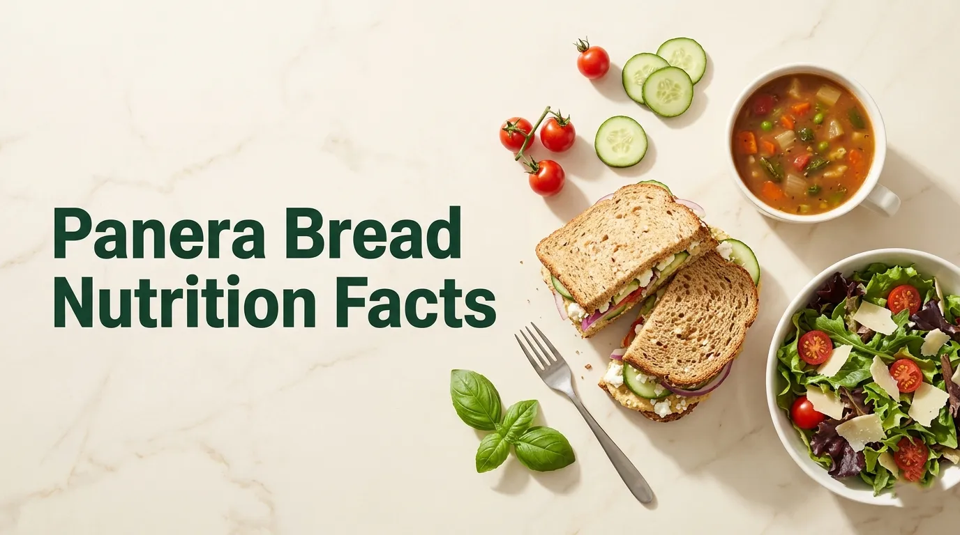 Flat-lay photograph of Panera Bread Mediterranean veggie sandwich, vegetable soup, and seasonal salad with Panera Bread Nutrition Facts title text overlaid in green.